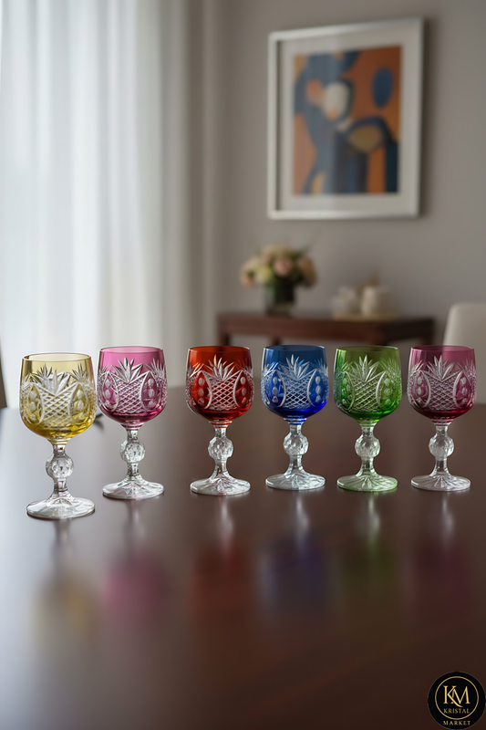 El Yapımı Kristal Dekoratif Bohemia Kristal 6 Parça Ananas Desenli Kristal Ayaklı Bardak 150ml