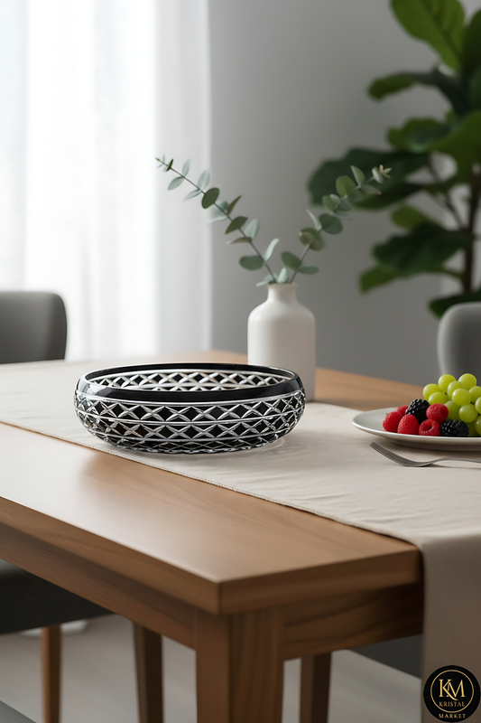 El Yapımı Kristal Dekoratif Bodrum Oval Desen 28 Cm Sunumluk Sofra Sunum Kasesi