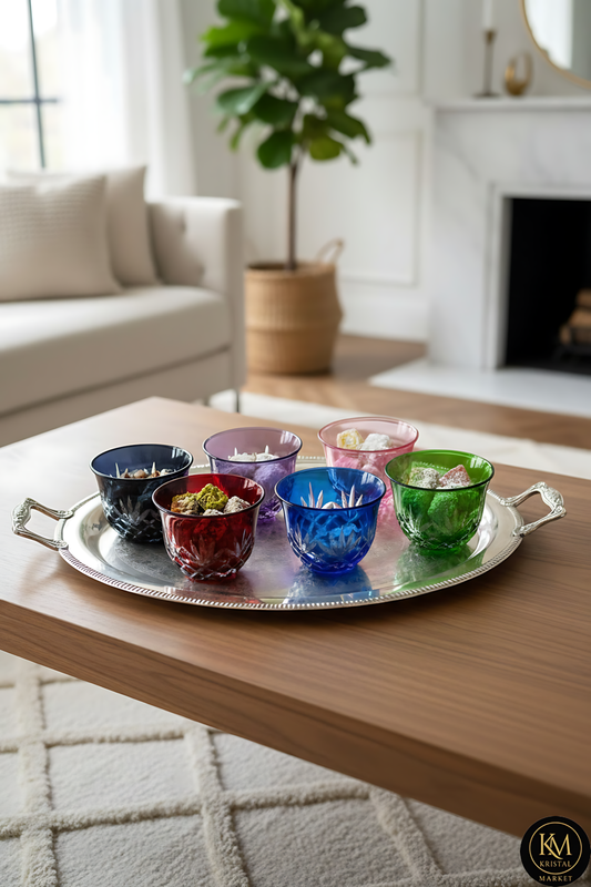 El Yapımı Kristal Dekoratif Püskül Desenli Renk Lokumluk Mıra Seti 6+1 'lı