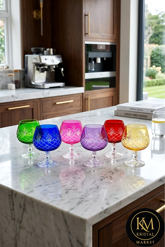 El Yapımı Kristal Dekoratif Bohemia Renkli Sunumluk Ayaklı Kadeh Kahve Yanı Su Bardağı Set 6'lı