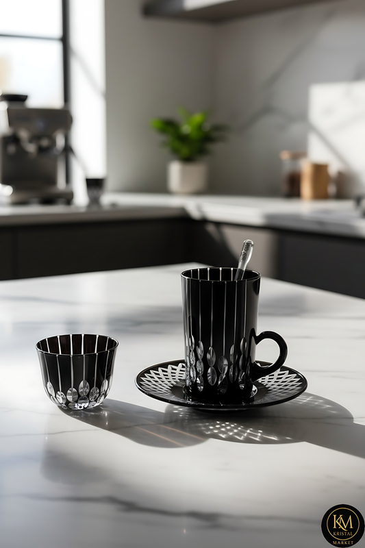 El Yapımı Kristal Dekoratif Desenli Siyah 6 Kişilik Çay Takımı Set 18 Parça