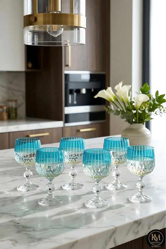 El Yapımı Kristal Dekoratif Ayaklı Lüks Bardak 6'lı Set
