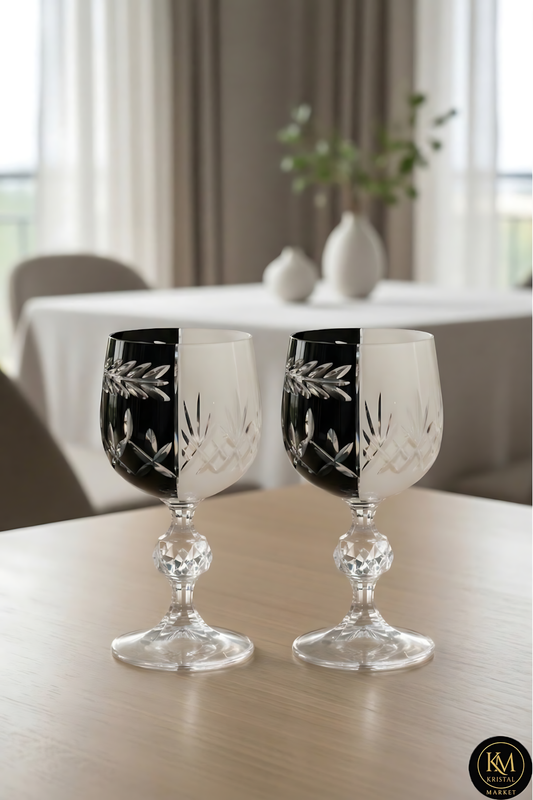 El Yapımı Kristal Dekoratif Bohemia Kristal Çift Renk Siyah Beyaz Kadeh Mixed Color Model 2 Adet