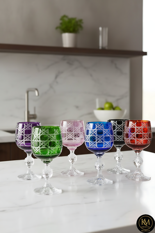 El Yapımı Kristal Dekoratif Bohemia Renkli Lüks Kristal Ayaklı Kadeh Kahve Yanı Su Bardağı 150ml Petek