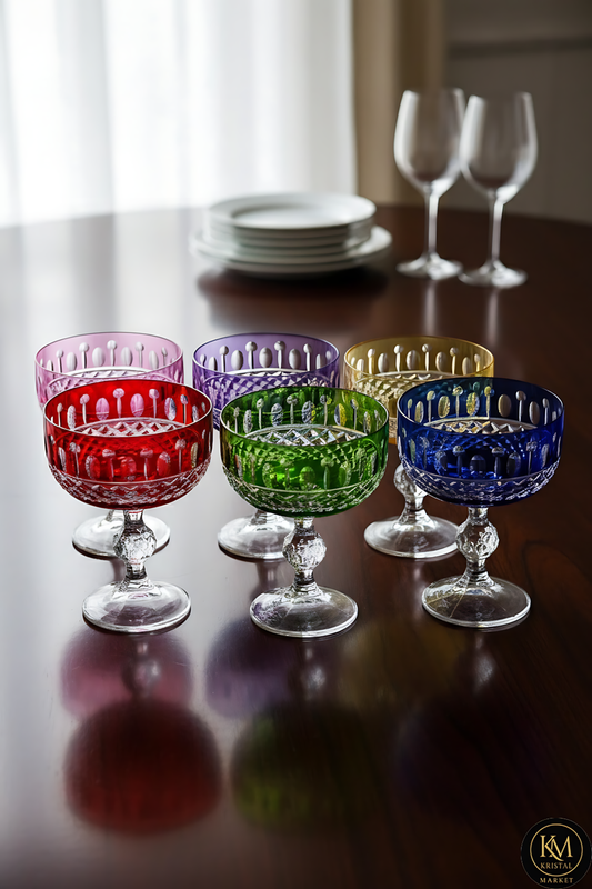 El Yapımı Kristal Dekoratif Bohemia Lüks Royal Desen 200ml Sunumluk Ayaklı Dondurmalık Kase Set 6'lı