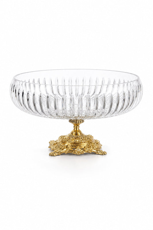 Gold Ayaklı Kesme Kristal Kase 28 cm - Vertical Desen, 1 Adet