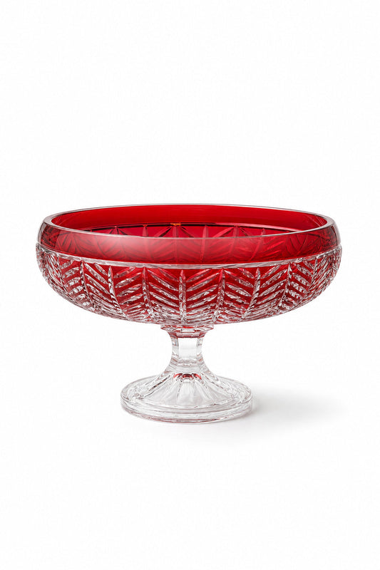 Kırmızı Kesme Kristal Ayaklı Kase 28 cm - Paris Milas Desen, 1 Adet