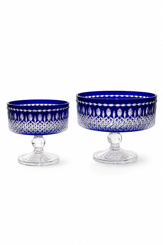 Kristal Ayaklı Meyvelik Seti 2'li 25 cm ve 19 cm - Lüks Sunumluk, Mavi