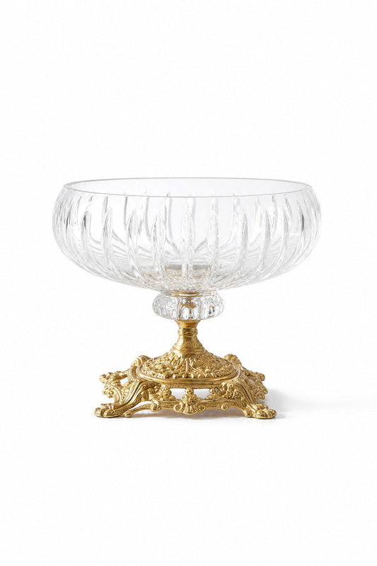 Gold Ayaklı Kesme Kristal Kase 18 cm - Vertical Desen, 1 Adet