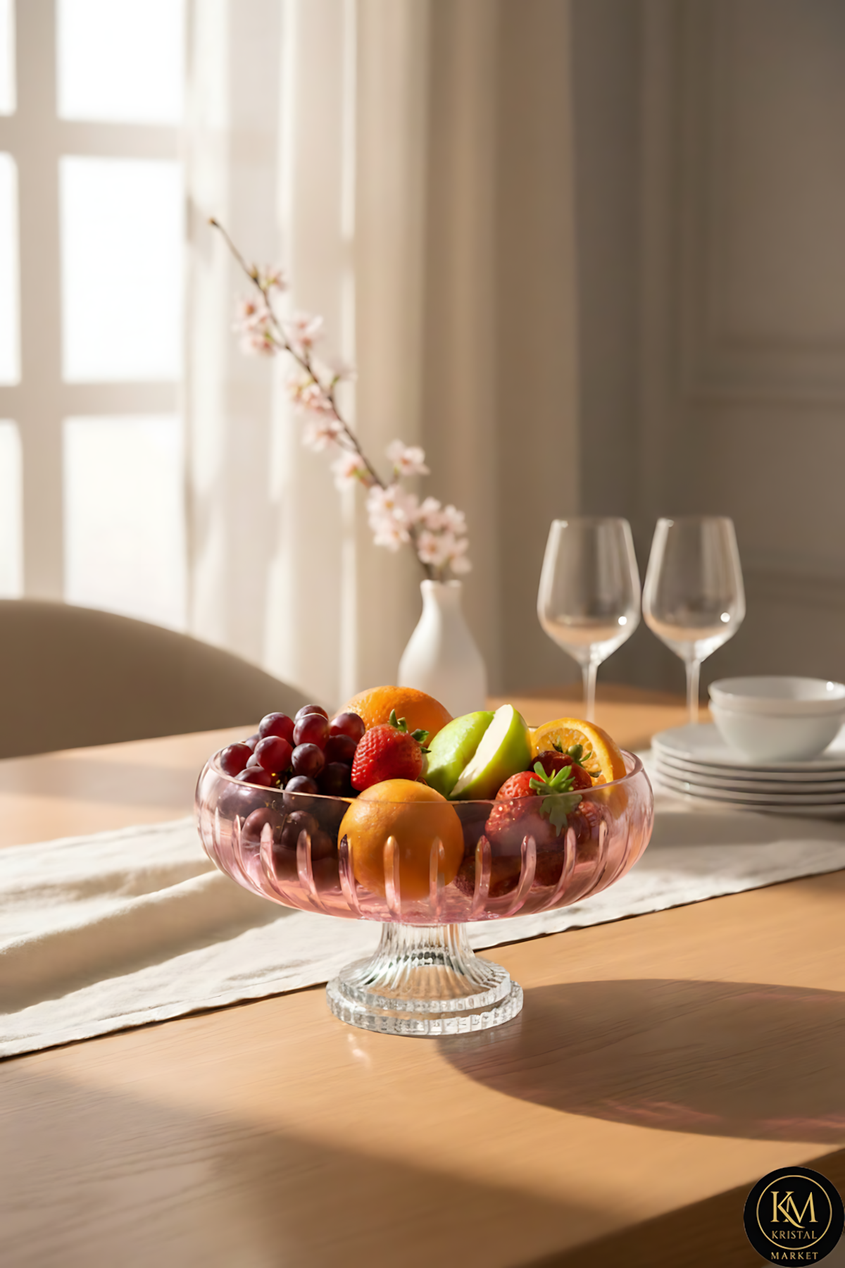 El Yapımı Kristal Dekoratif Vertical Desen 28 Cm Sunumluk Ayaklı Sofra Sunum Kasesi