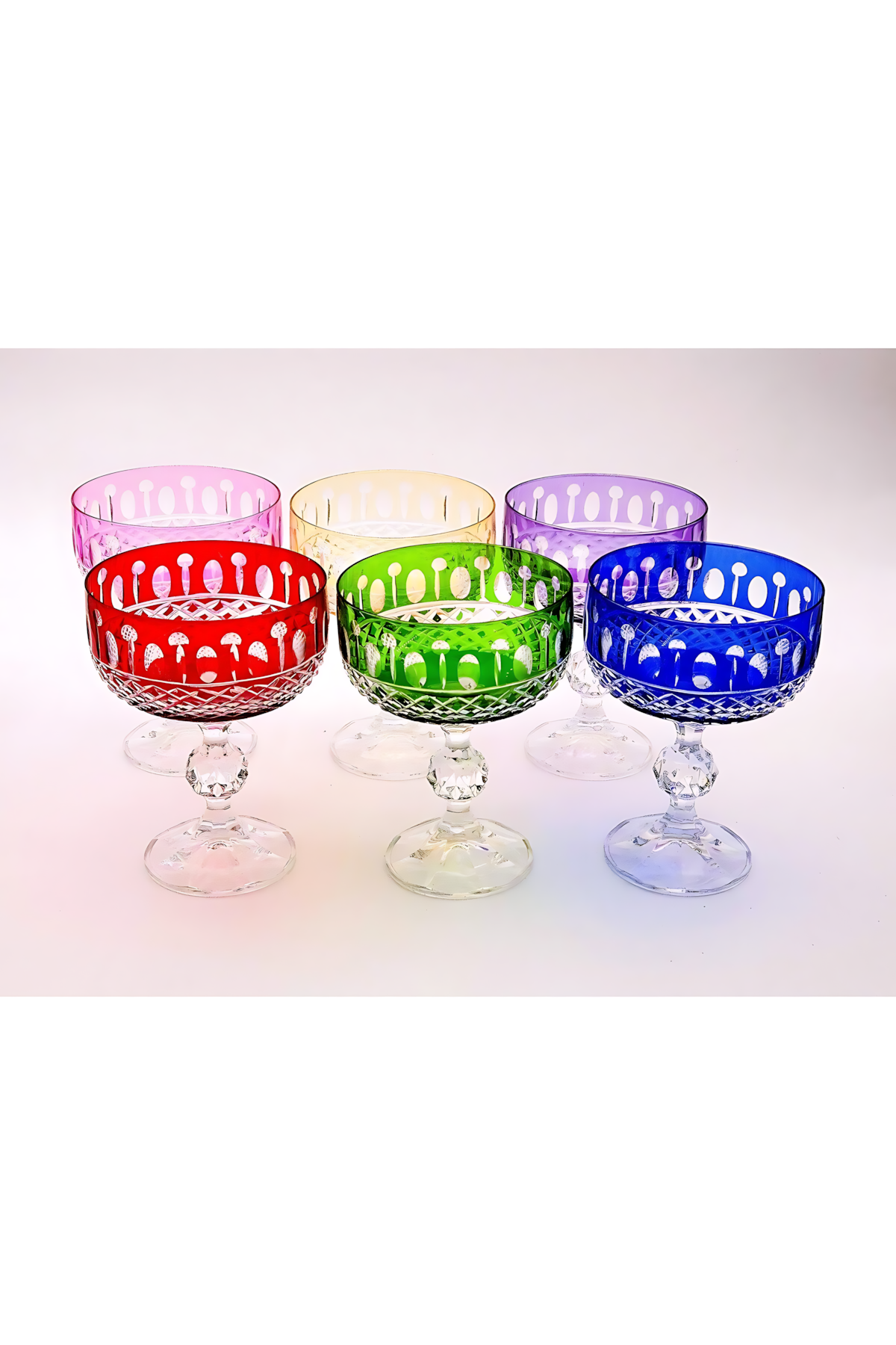 El Yapımı Kristal Dekoratif Bohemia Lüks Royal Desen 200ml Sunumluk Ayaklı Dondurmalık Kase Set 6'lı