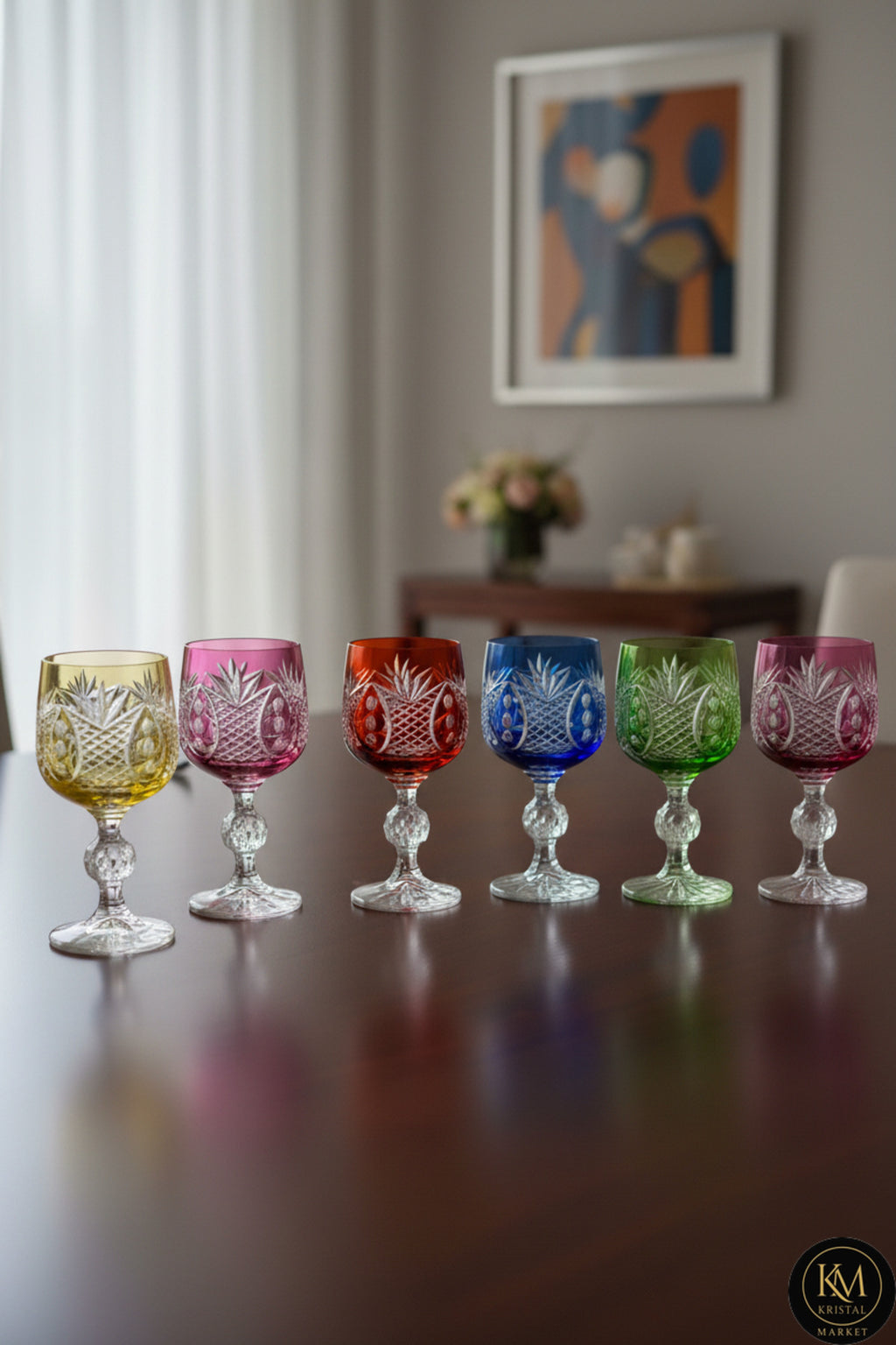 El Yapımı Kristal Dekoratif Bohemia Kristal 6 Parça Ananas Desenli Kristal Ayaklı Bardak 150ml