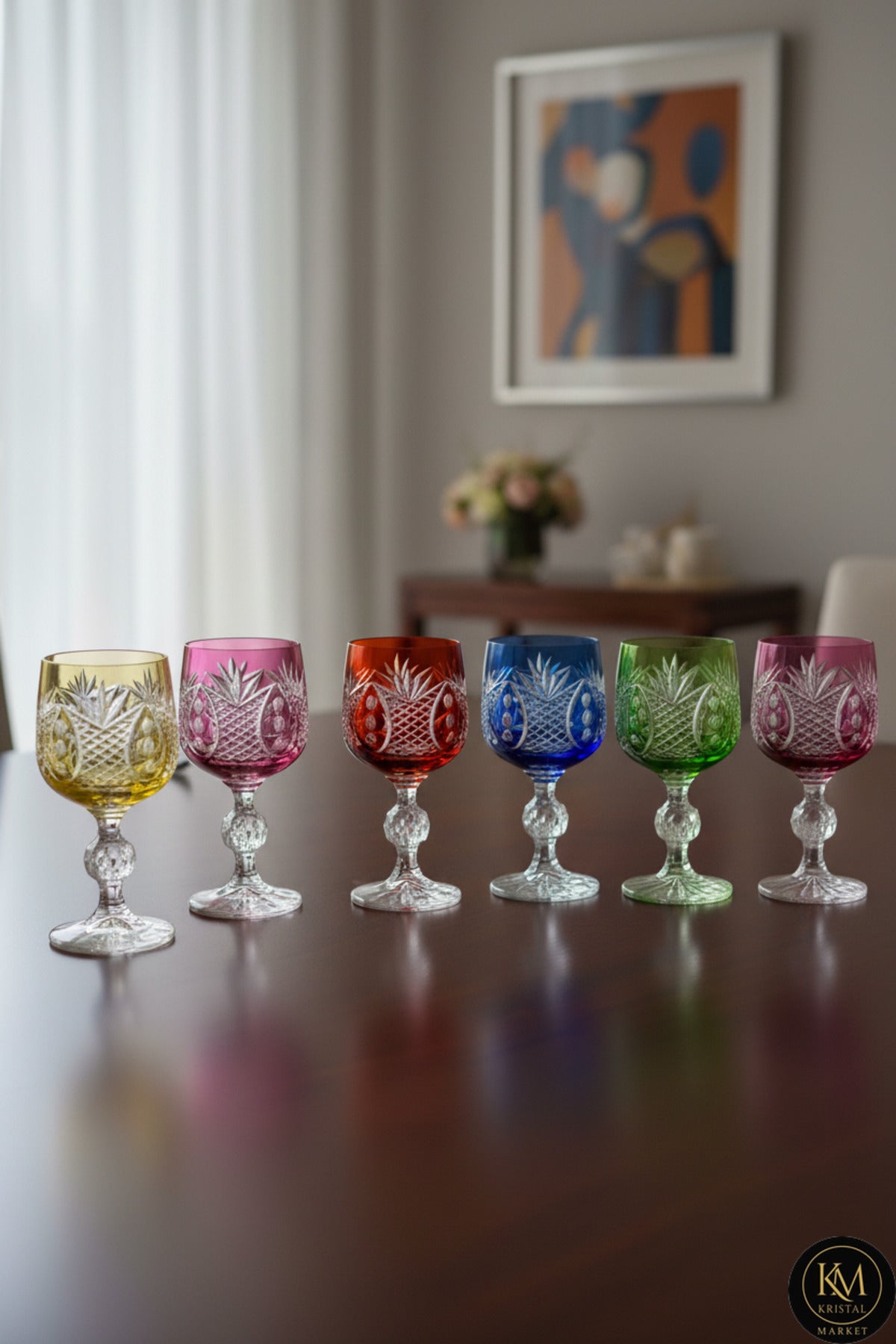 El Yapımı Kristal Dekoratif Bohemia Kristal 6 Parça Ananas Desenli Kristal Ayaklı Bardak 150ml