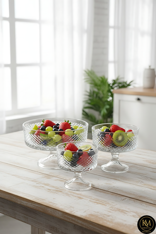 El Yapımı Kristal Dekoratif Karizma Desenli Şeffaf 25-19-16 Cm Sunumluk Ayaklı Kase Set 3'lü
