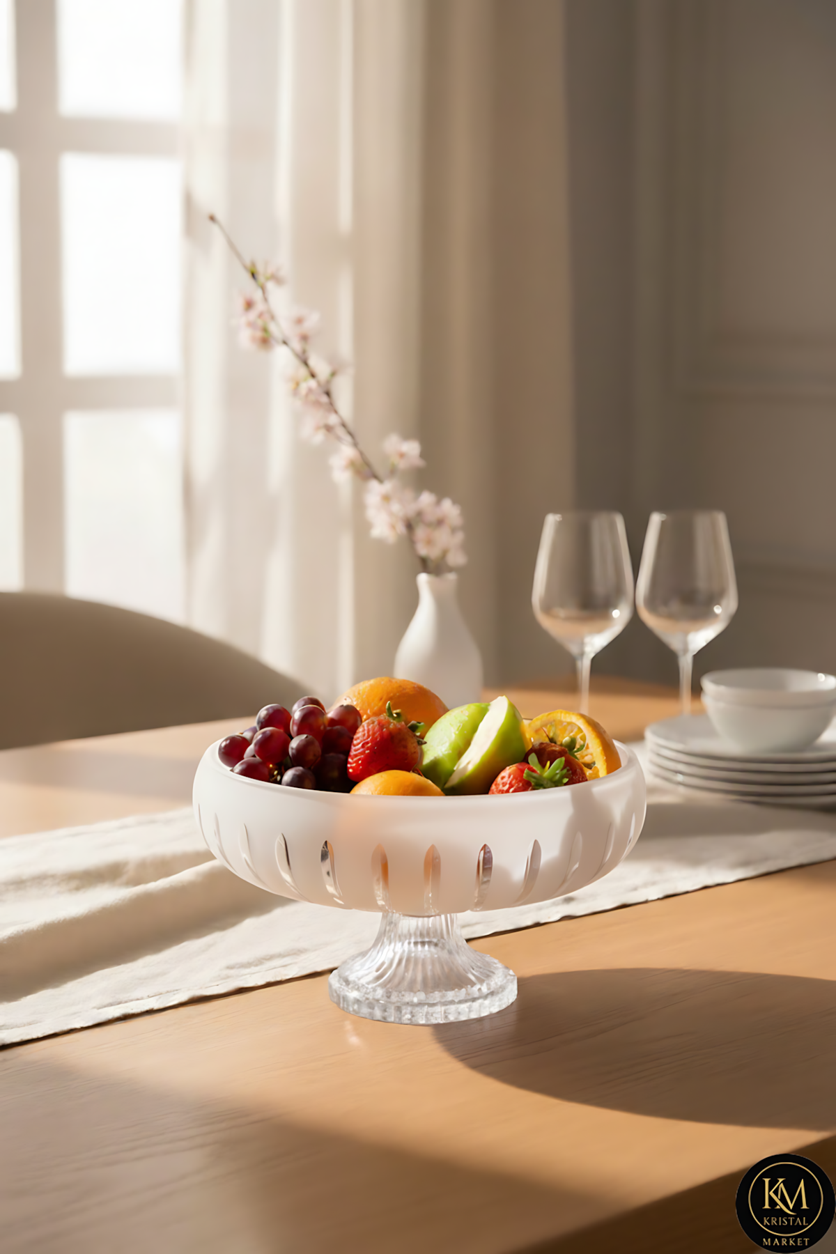 El Yapımı Kristal Dekoratif Vertical Desen 28 Cm Sunumluk Ayaklı Sofra Sunum Kasesi