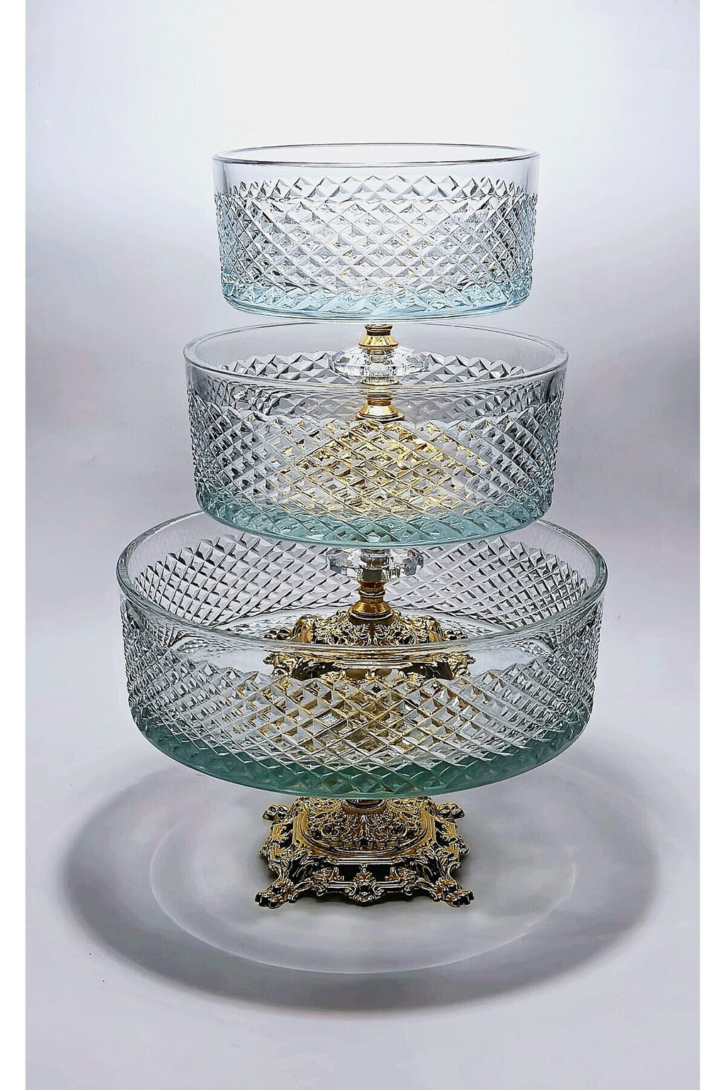 El Yapımı Kristal Dekoratif Karizma Desenli 25-19-16 Cm Sunumluk Ayaklı Kase Set 3'lü