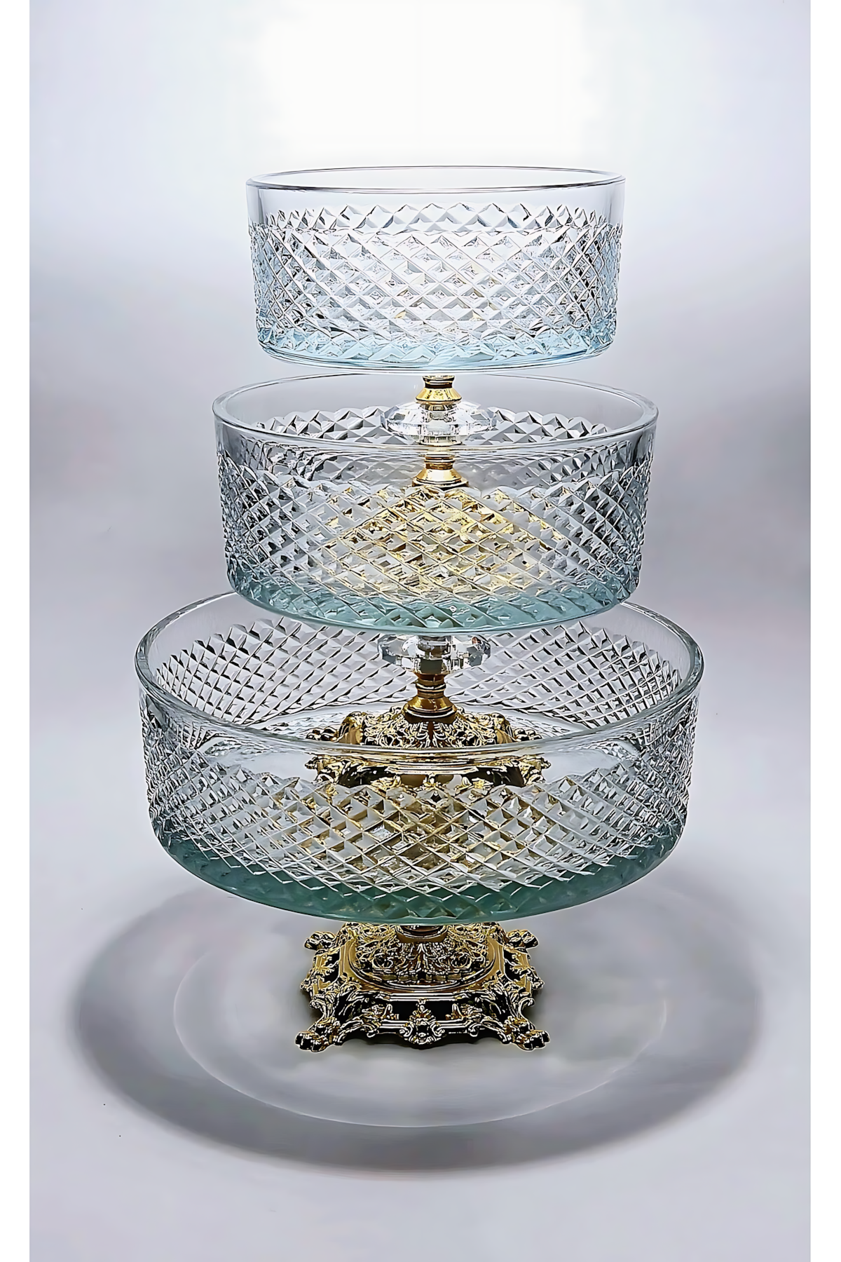 El Yapımı Kristal Dekoratif Karizma Desenli 25-19-16 Cm Sunumluk Ayaklı Kase Set 3'lü
