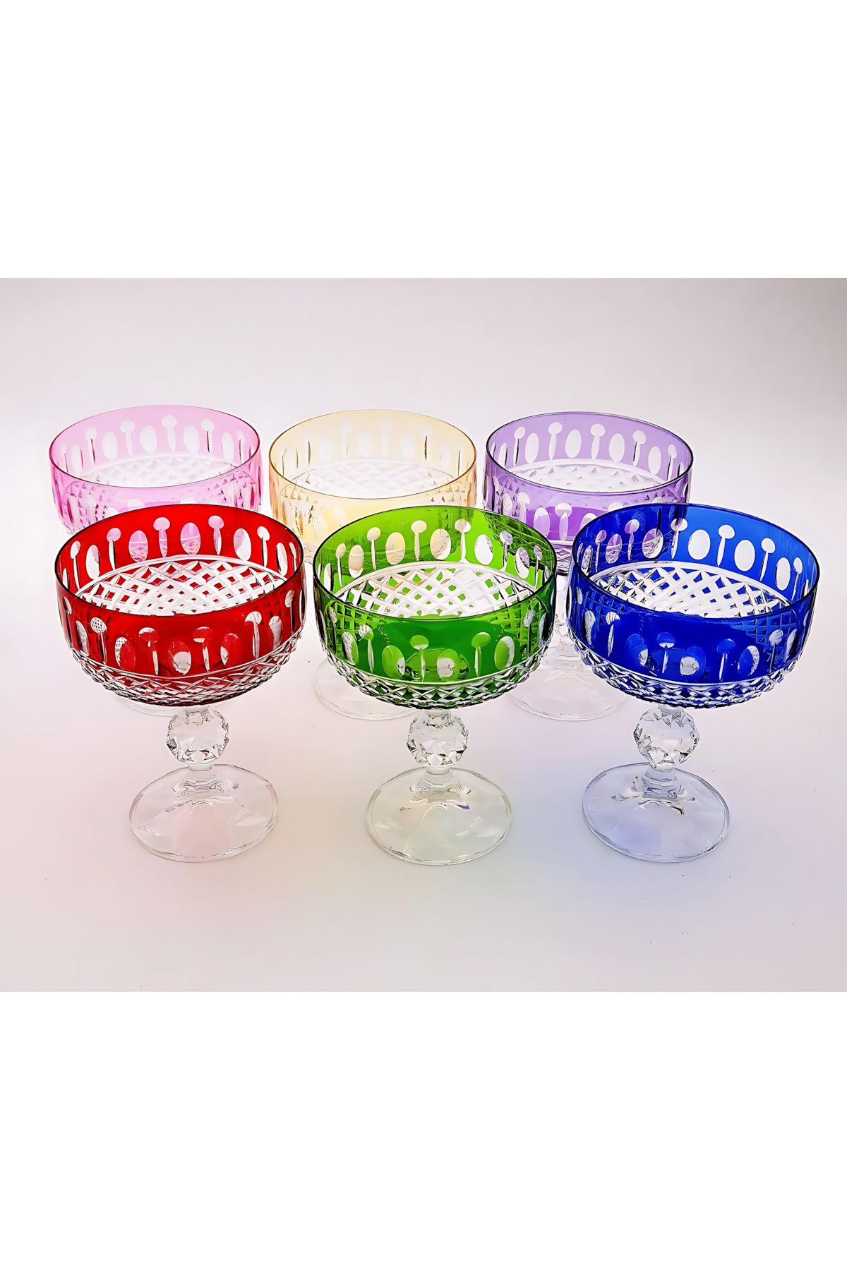 El Yapımı Kristal Dekoratif Bohemia Lüks Royal Desen 200ml Sunumluk Ayaklı Dondurmalık Kase Set 6'lı