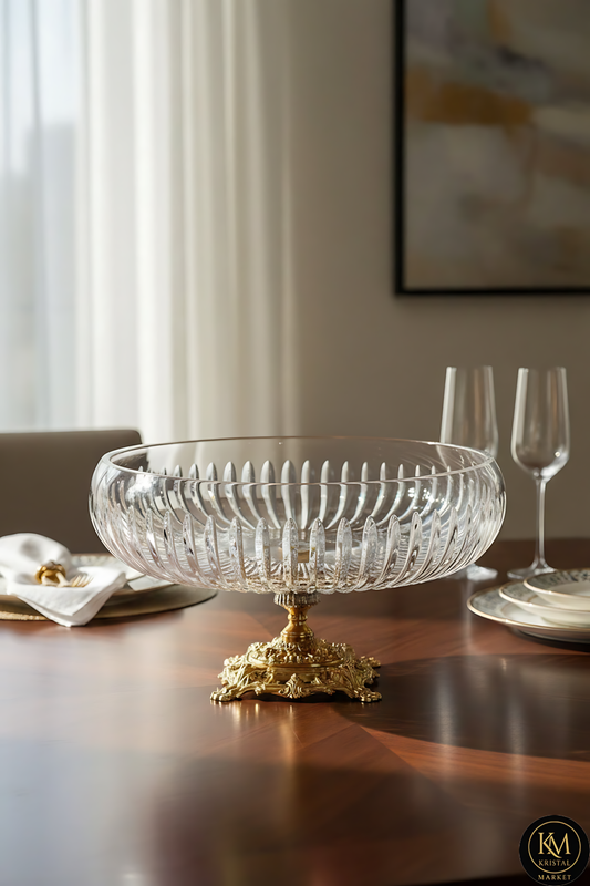 El Yapımı Kristal Dekoratif Vertical Desenli 28-22-16 Cm Sunumluk Ayaklı Kase Set 3'lü