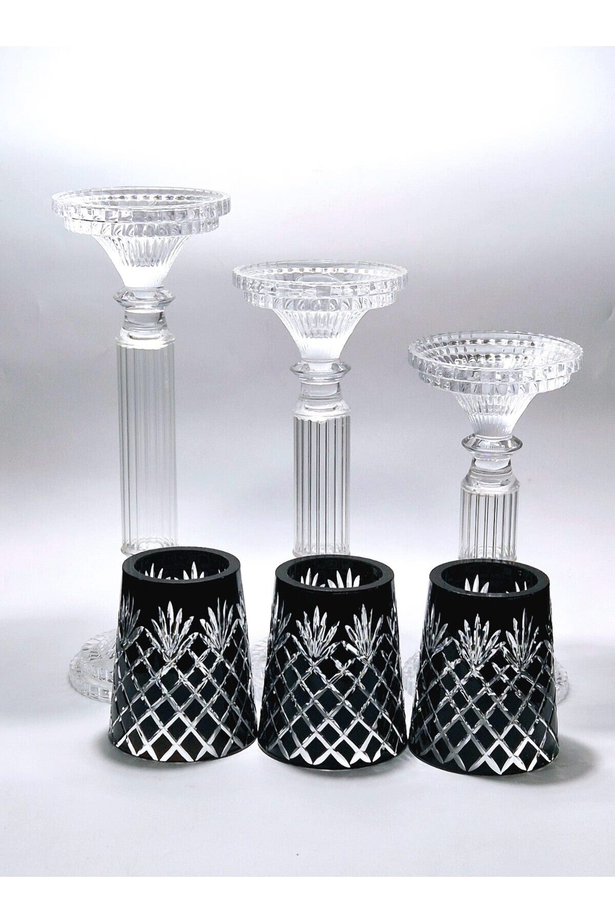 El Yapımı Kristal Dekoratif Desenli Şeffaf Lüks Mumluk Şamdan Set 3'lü