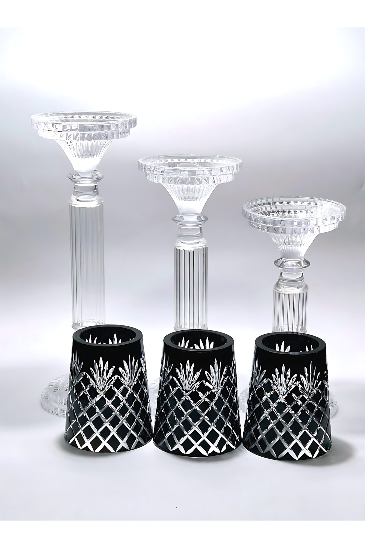 El Yapımı Kristal Dekoratif Desenli Şeffaf Lüks Mumluk Şamdan Set 3'lü