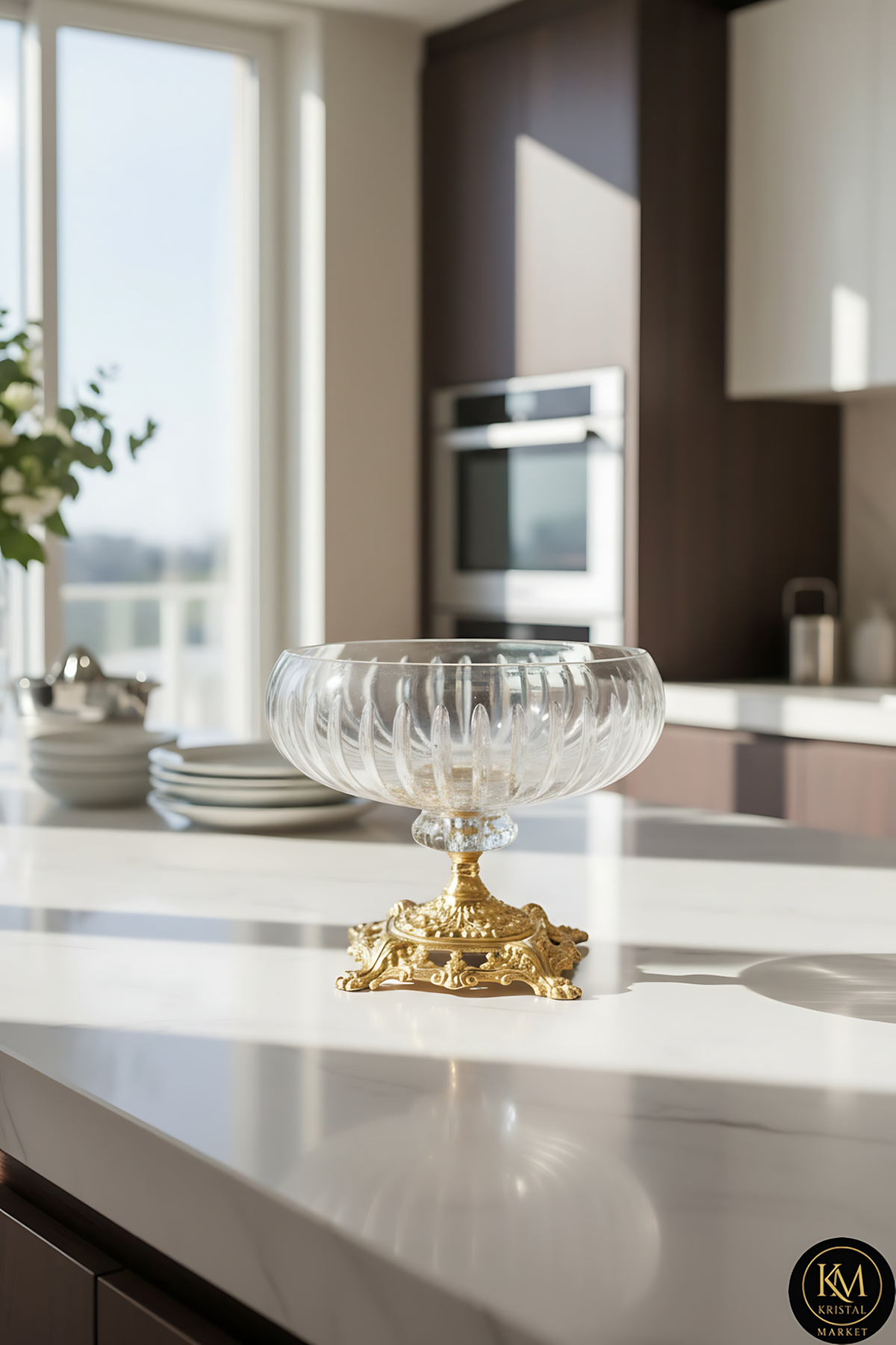 El Yapımı Kristal Dekoratif Vertical Desenli 28-22-16 Cm Sunumluk Ayaklı Kase Set 3'lü