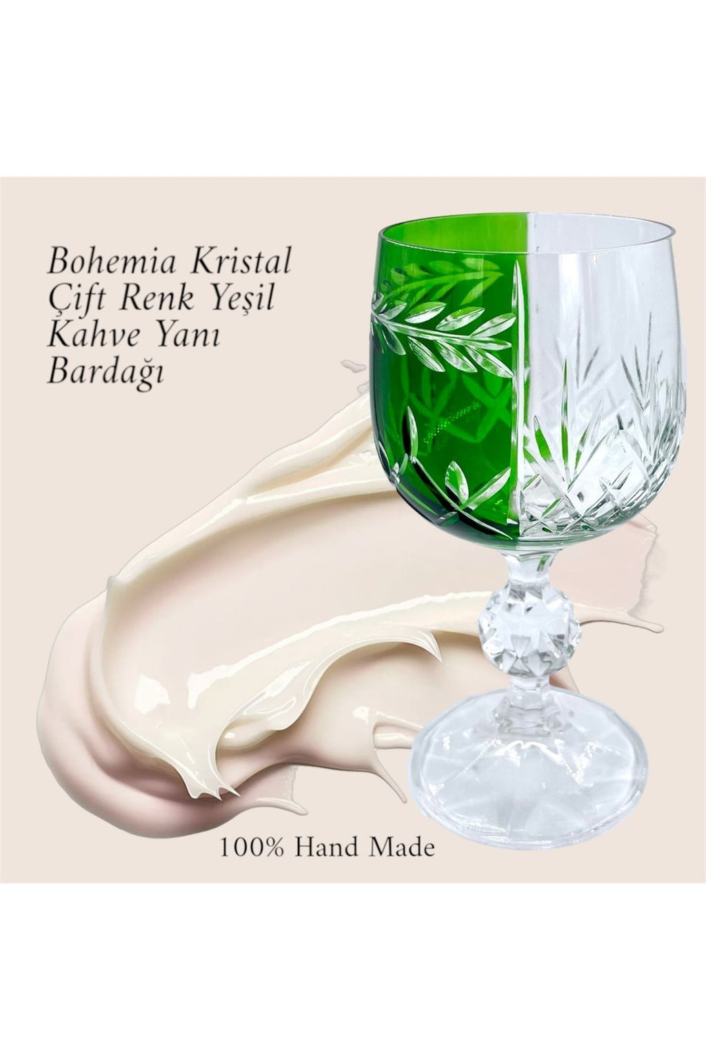 El Yapımı Kristal Dekoratif Bohemia Yeşil Çift Renk Sunumluk Ayaklı Kadeh Kahve Yanı Su Bardağı
