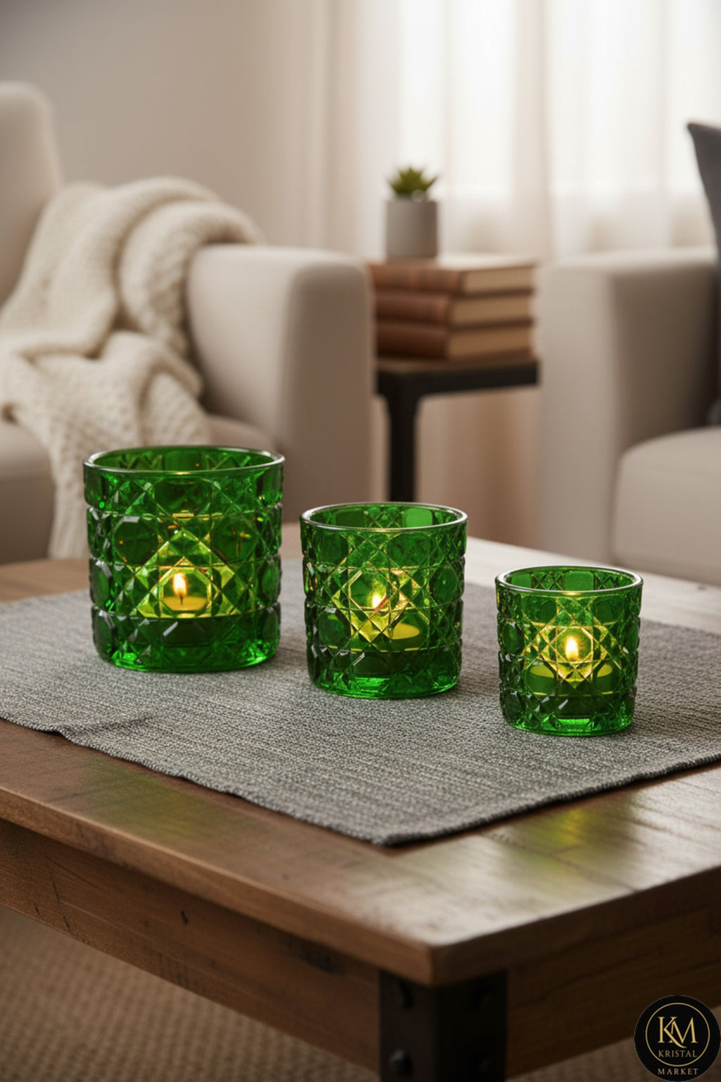 El Yapımı Kristal Dekoratif Mumluk Takımı 3'lü Amber