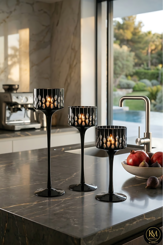 El Yapımı Kristal Dekoratif Damla Desen Mumluk Set 3'lü