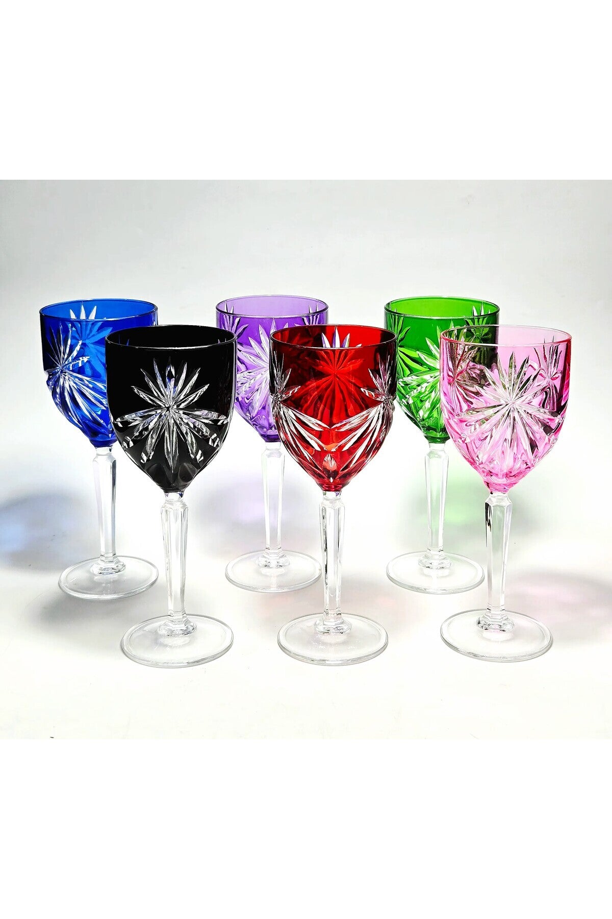 El Yapımı Kristal Dekoratif Cristalleria Italiana Desenli Rengarenk Su Bardağı Set 6'lı