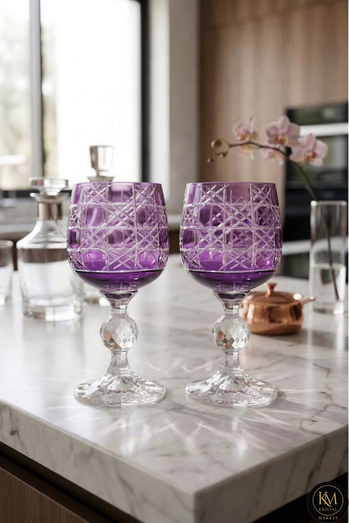 El Yapımı Kristal Dekoratif Bohemia Renkli Lüks Kristal Ayaklı Kadeh Kahve Yanı Su Bardağı 150ml Petek