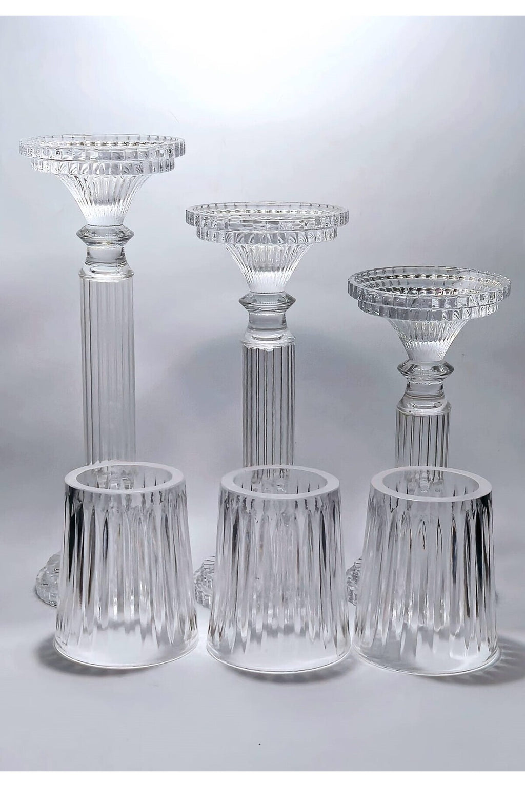 El Yapımı Kristal Dekoratif Desenli Şeffaf Lüks Mumluk Şamdan Set 3'lü