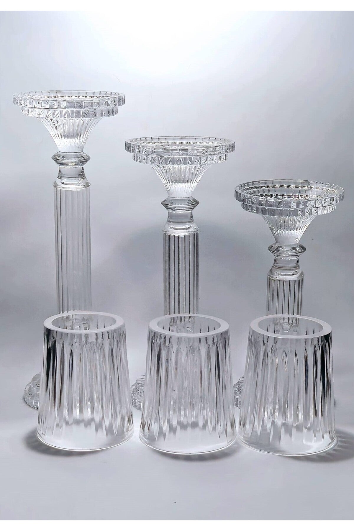 El Yapımı Kristal Dekoratif Desenli Şeffaf Lüks Mumluk Şamdan Set 3'lü