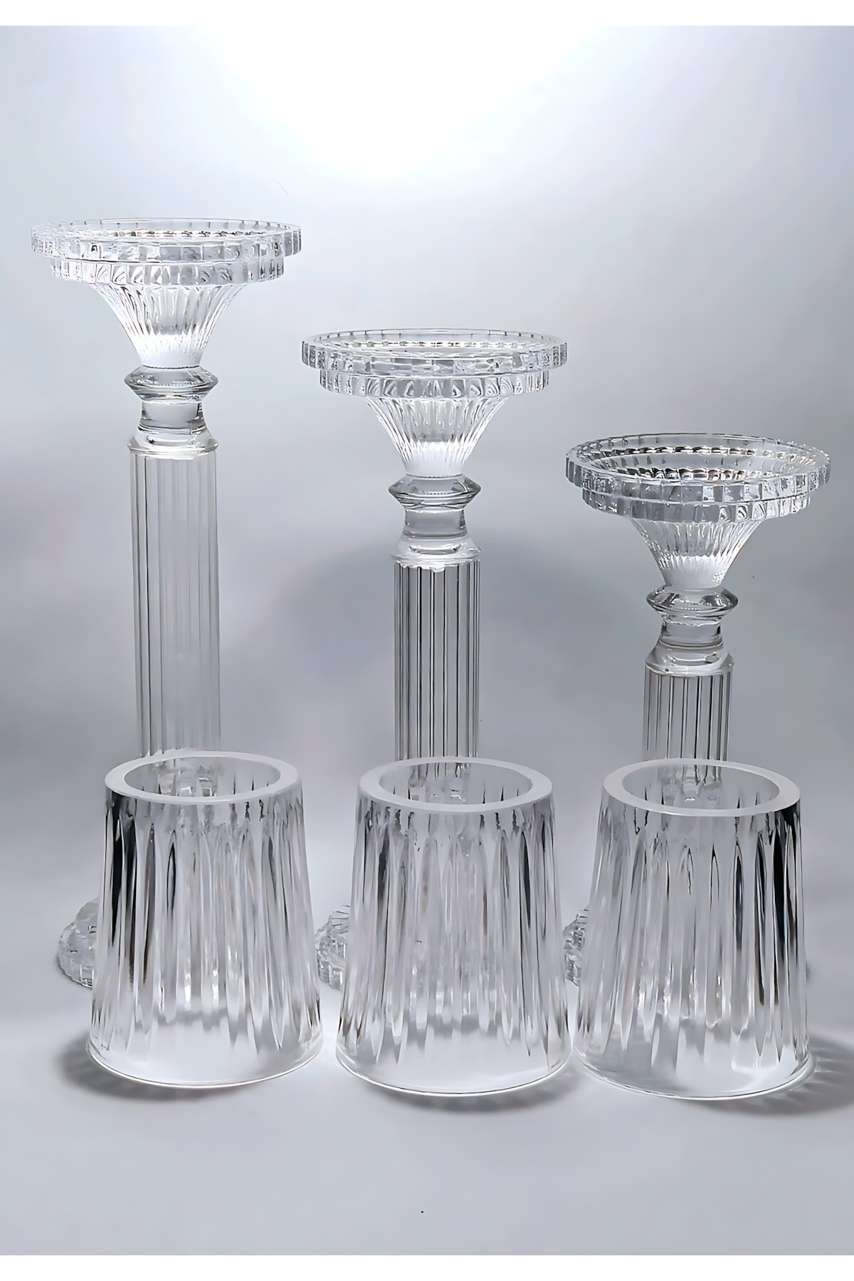 El Yapımı Kristal Dekoratif Desenli Şeffaf Lüks Mumluk Şamdan Set 3'lü