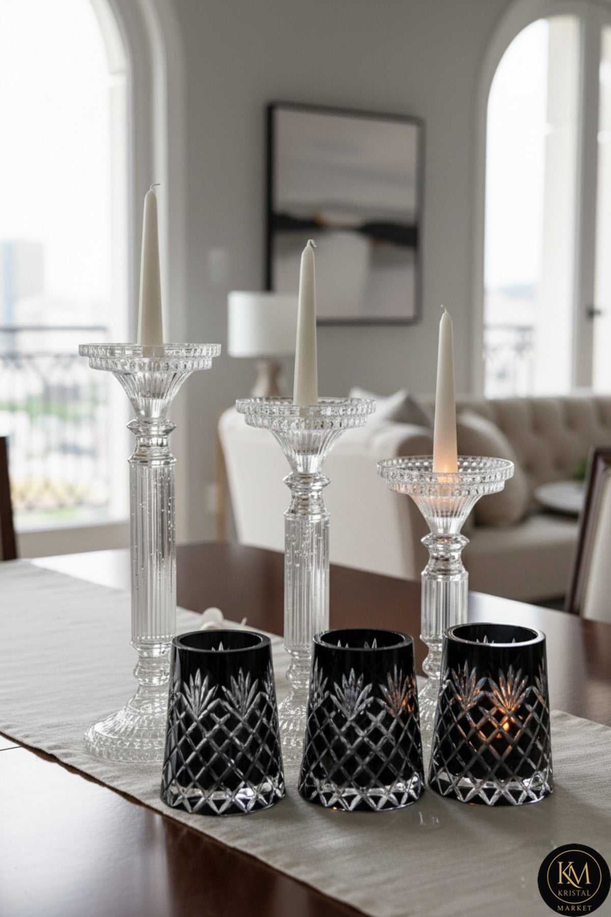 El Yapımı Kristal Dekoratif Desenli Şeffaf Lüks Mumluk Şamdan Set 3'lü