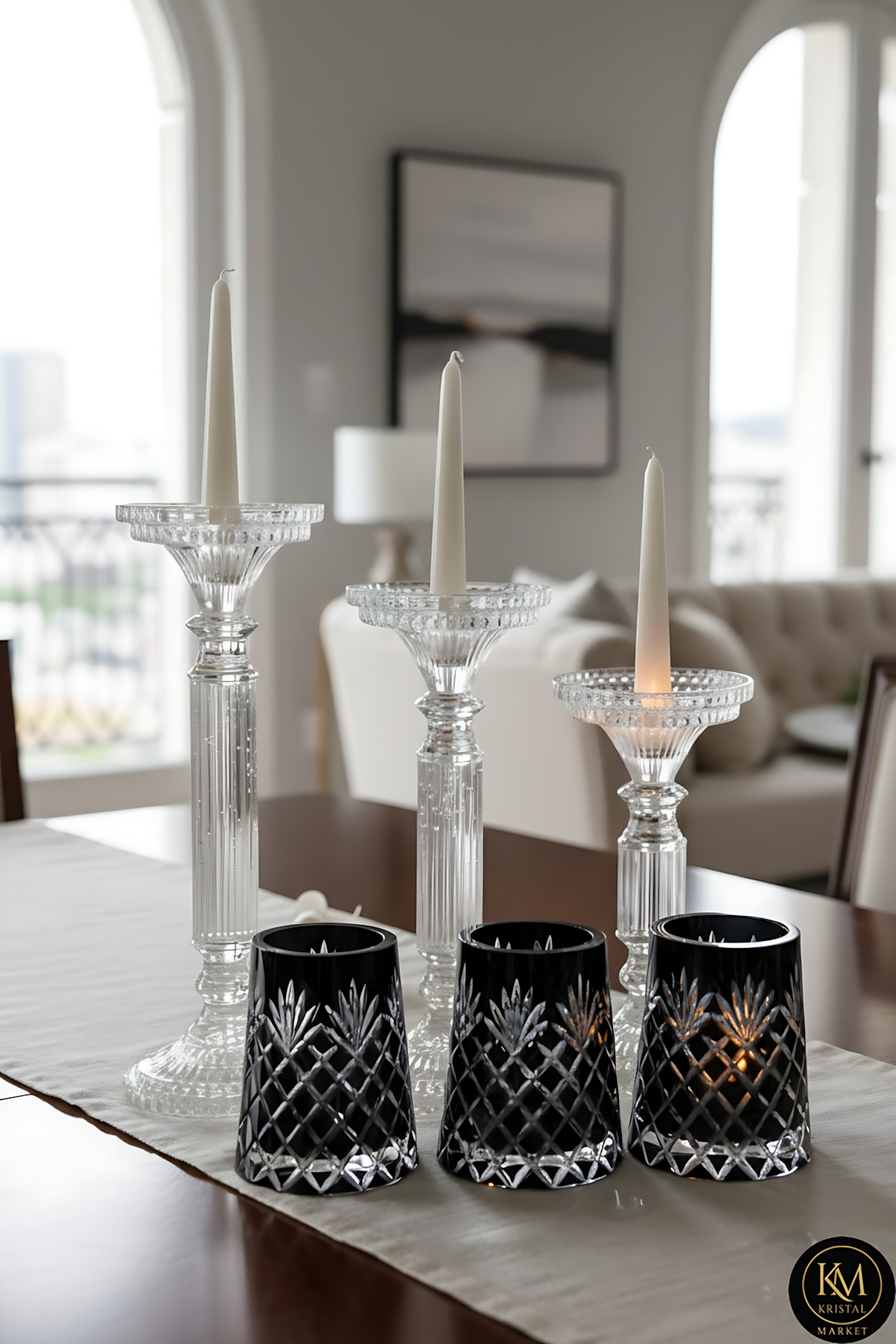El Yapımı Kristal Dekoratif Desenli Şeffaf Lüks Mumluk Şamdan Set 3'lü