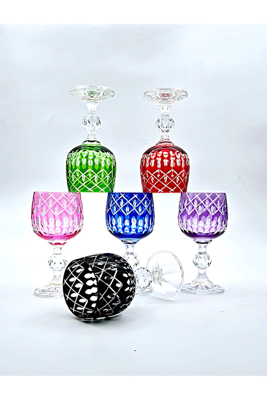 El Yapımı Kristal Dekoratif Bohemia Kristal Kahve Yanı Su Kadehi 6'lı 150ml Milas Desen