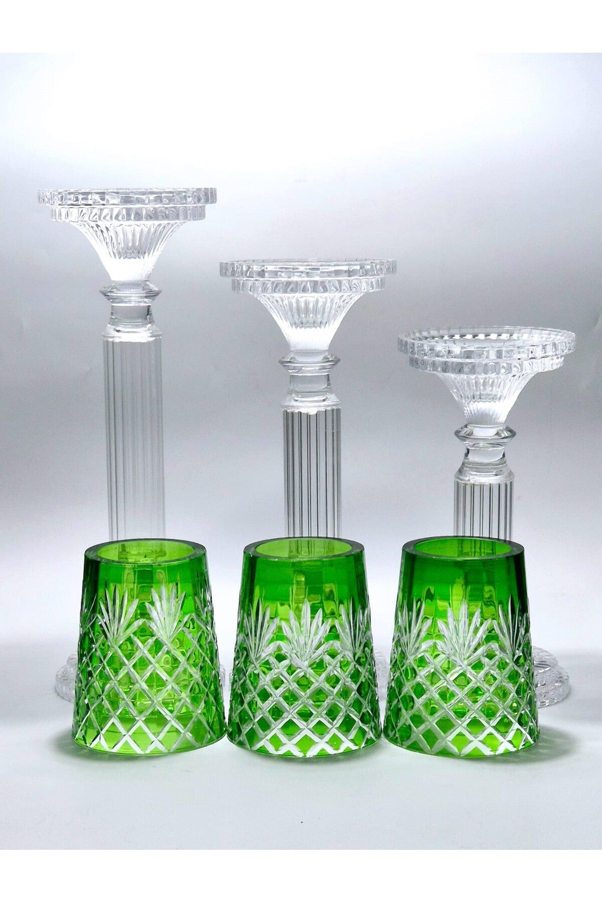 El Yapımı Kristal Dekoratif Desenli Şeffaf Lüks Mumluk Şamdan Set 3'lü