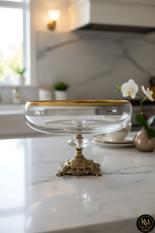 El Yapımı Kristal Dekoratif Gold Detay Şeffaf Ayaklı Sunumluk Kase