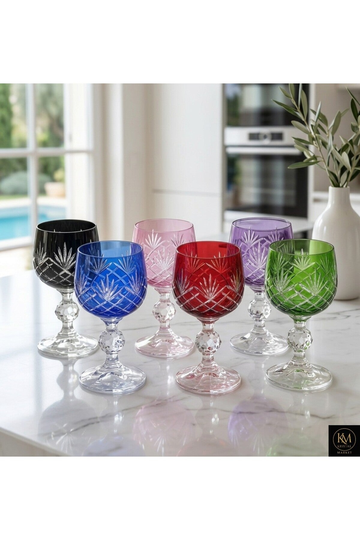 El Yapımı Kristal Dekoratif Bohemia Kristal Püskül Ananas Lüks Desen 6'lı Kristal Kahve Yanı Su Bardağı