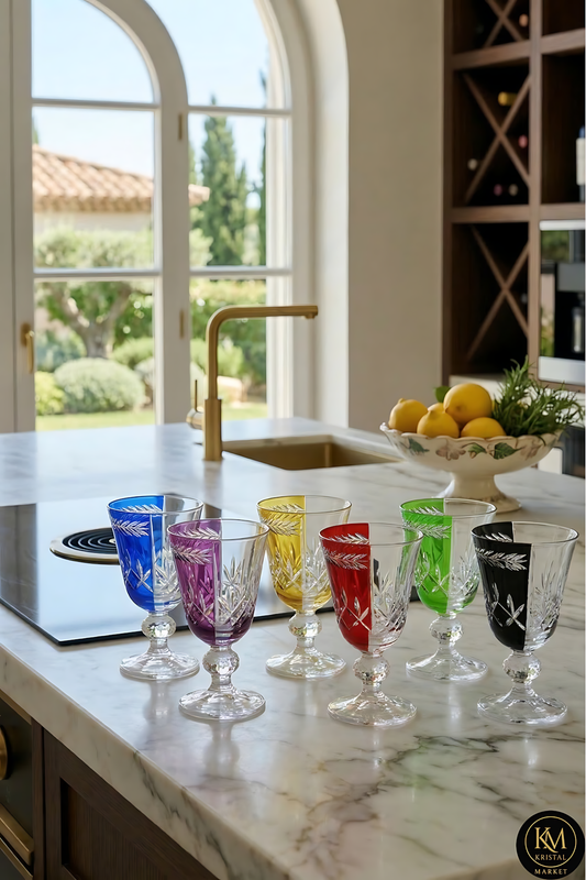 El Yapımı Kristal Dekoratif 6'lı Kesme Kristal El İşçiği Lüks Meşrubat Bardağı 200ml