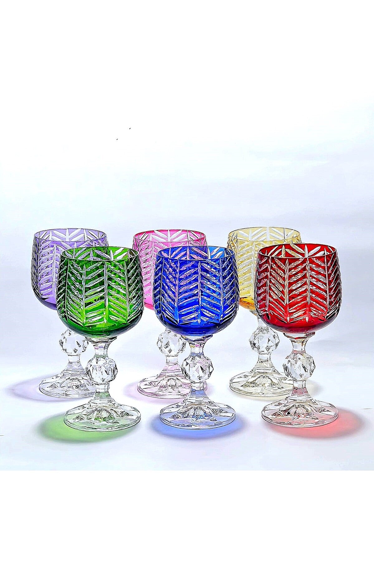 El Yapımı Kristal Dekoratif Bohemia Herringbone Desenli Renk Ayaklı Lüks Kahve Yanı Su Bardağı Set 6'lı