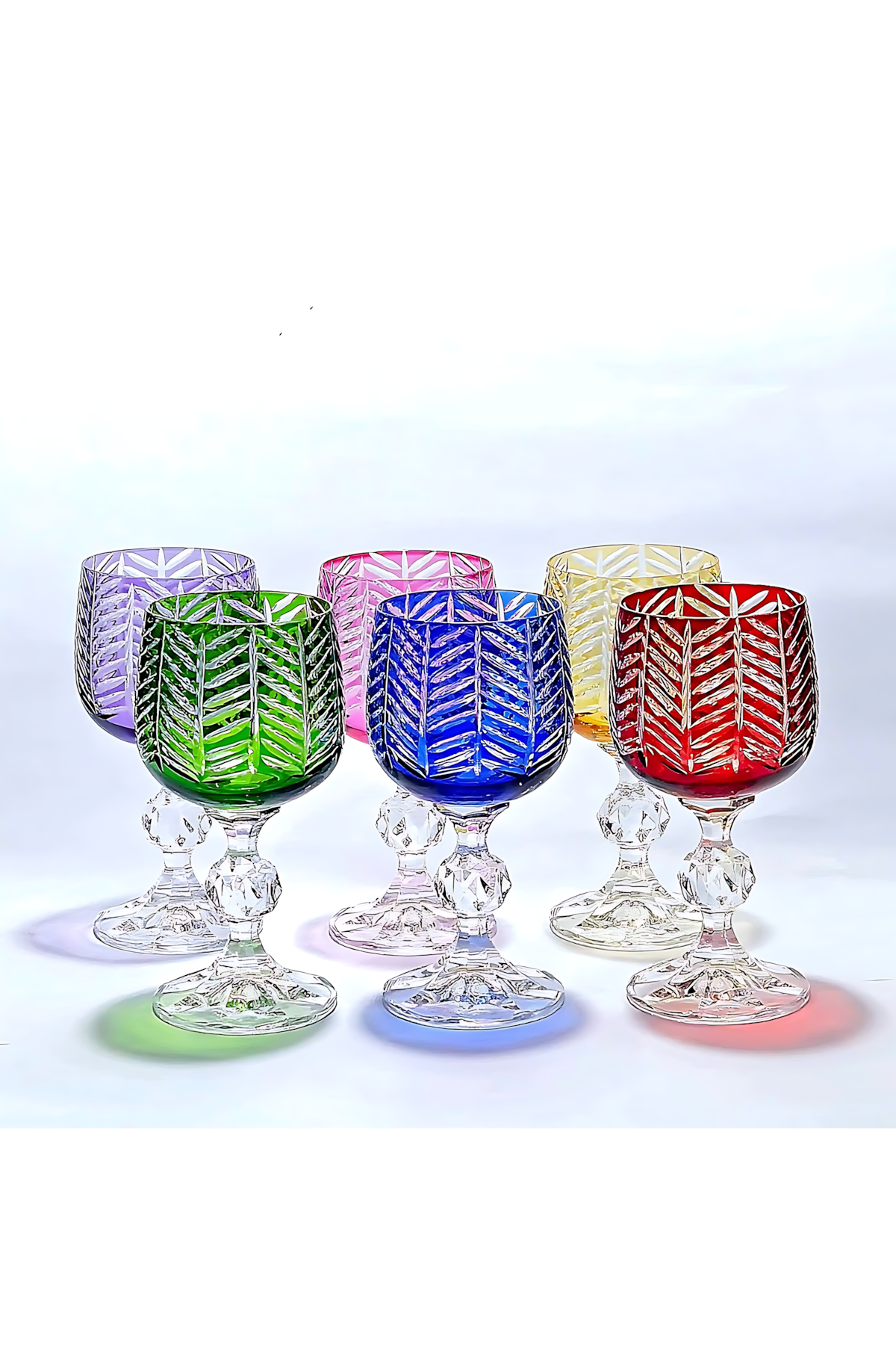 El Yapımı Kristal Dekoratif Bohemia Herringbone Desenli Renk Ayaklı Lüks Kahve Yanı Su Bardağı Set 6'lı