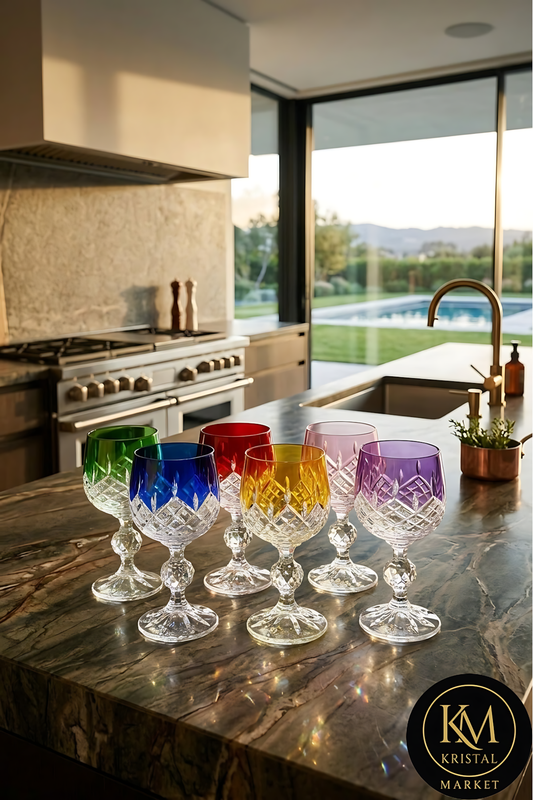El Yapımı Kristal Dekoratif Bohemia Kristal Damla Küpeli Kahve Yanı Su Bardağı