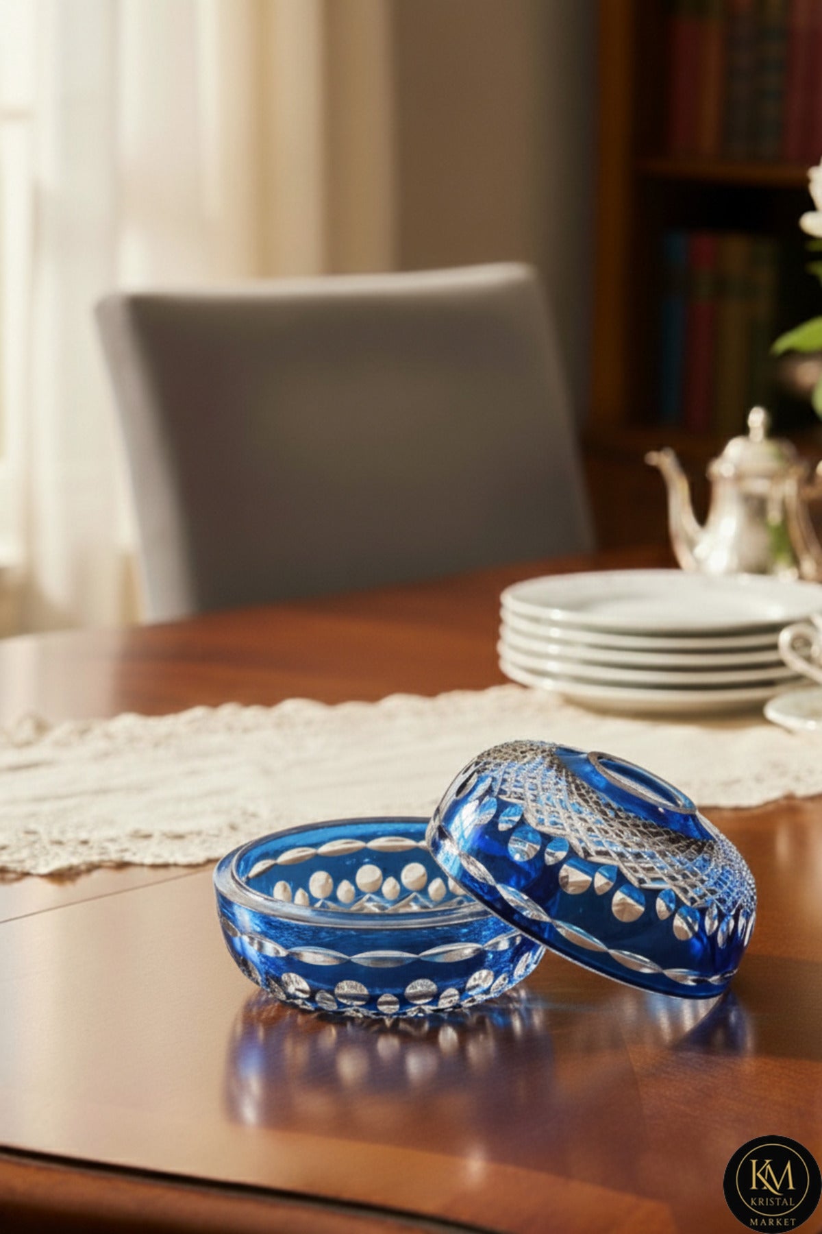 El Yapımı Kristal Dekoratif Royal Desen Sunumluk Kapalı Peçetelik Mumluk