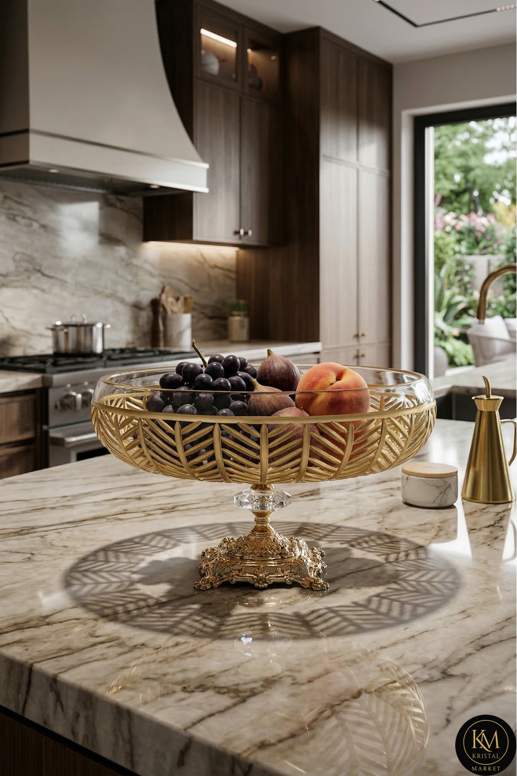 El Yapımı Kristal Dekoratif 28cm Kesme Kristal Gold Ayaklı Cam Kase Milas Gold Desen