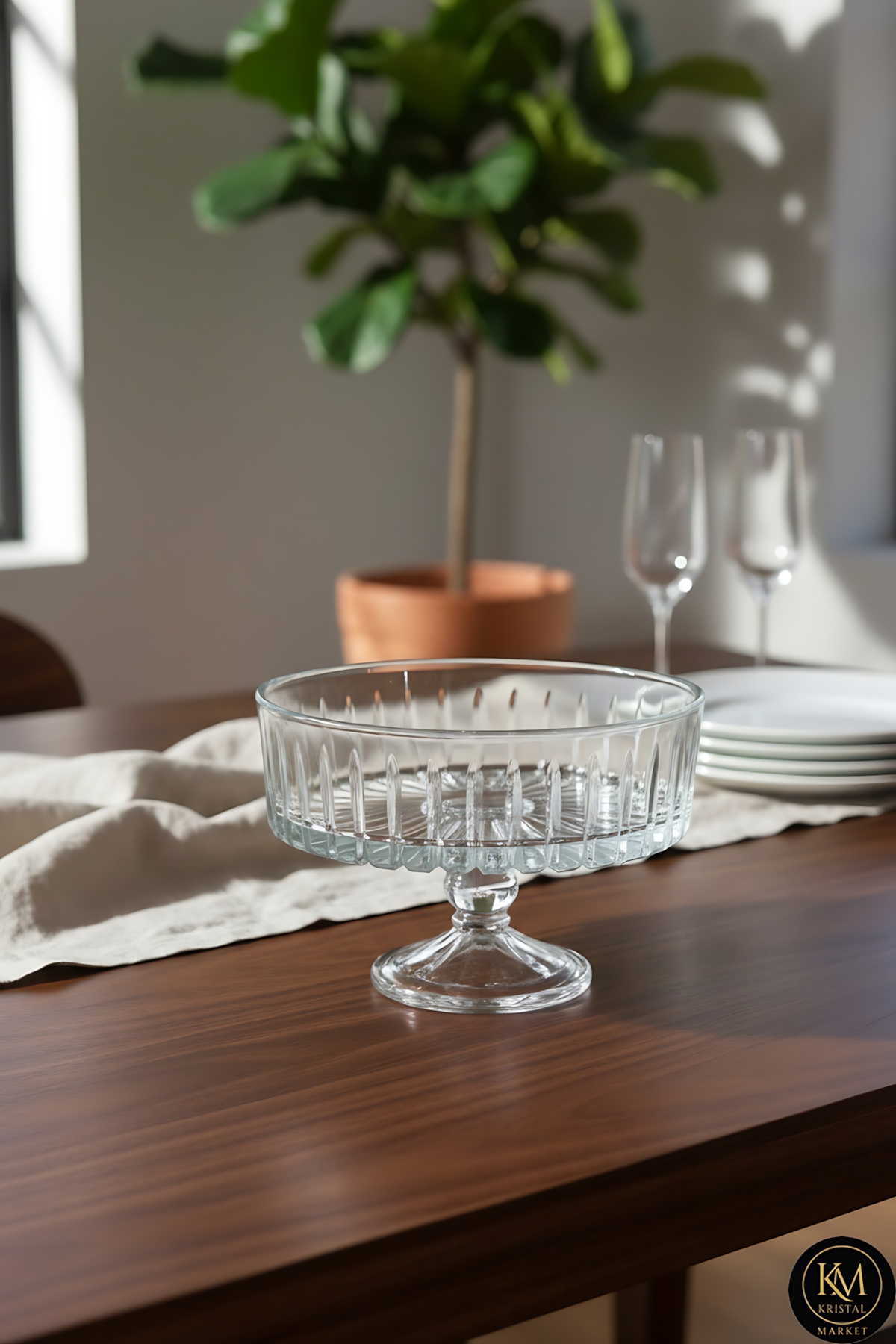 El Yapımı Kristal Dekoratif Sofra Kase Sunumluk Meyvelik 25cm Vertical Desen