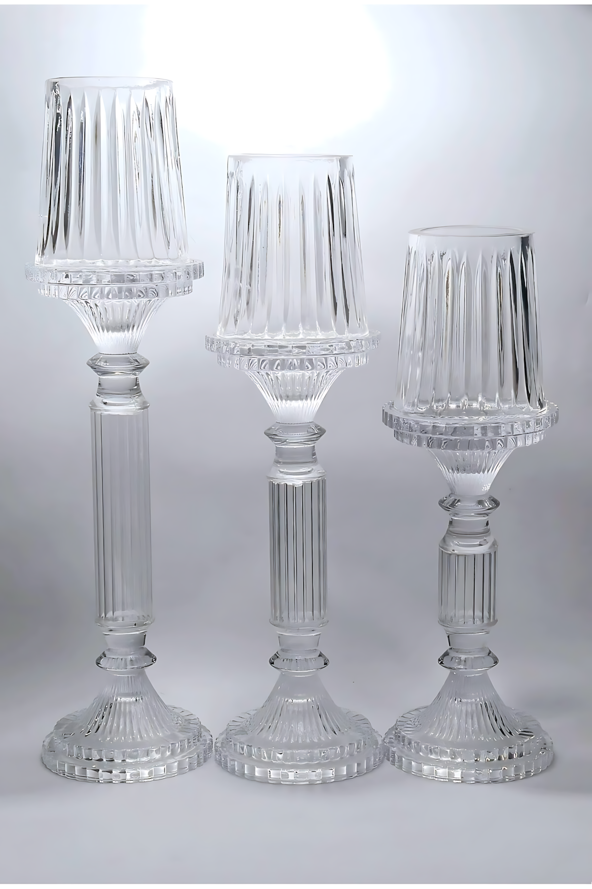 El Yapımı Kristal Dekoratif Desenli Şeffaf Lüks Mumluk Şamdan Set 3'lü