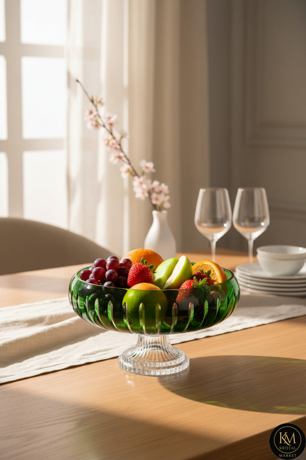 El Yapımı Kristal Dekoratif Vertical Desen 28 Cm Sunumluk Ayaklı Sofra Sunum Kasesi