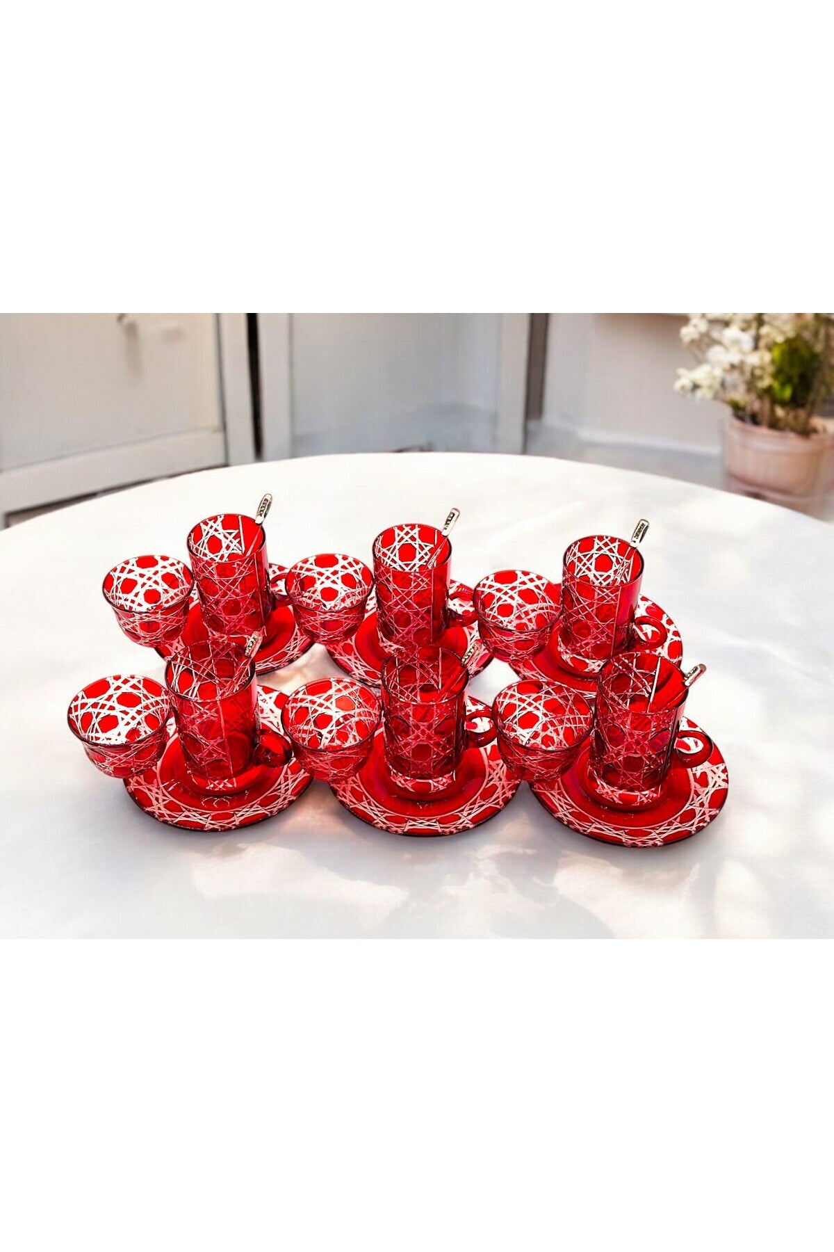 El Yapımı Kristal Dekoratif Desenli Kırmızı 6 Kişilik Çay Takımı Set 18 Parça